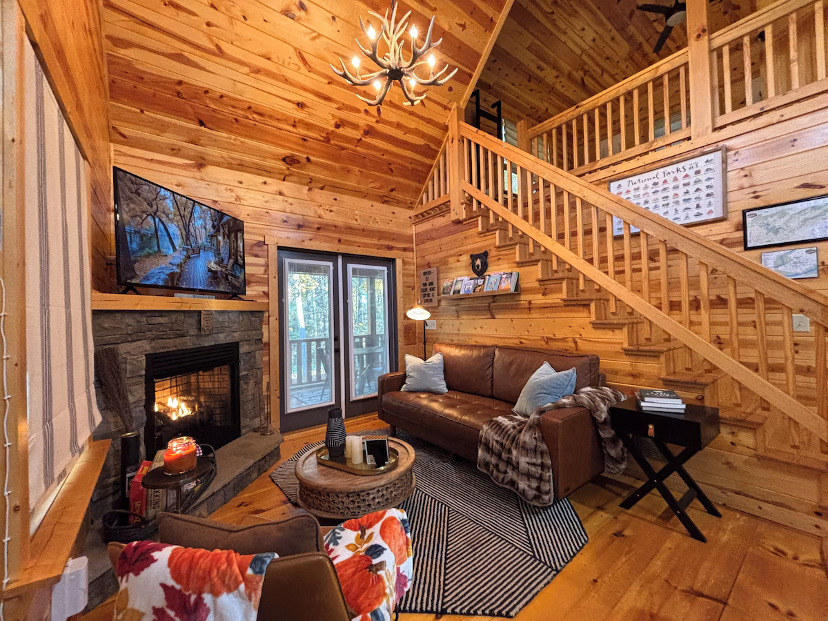 Great room and staircase inside The Cozy Nook