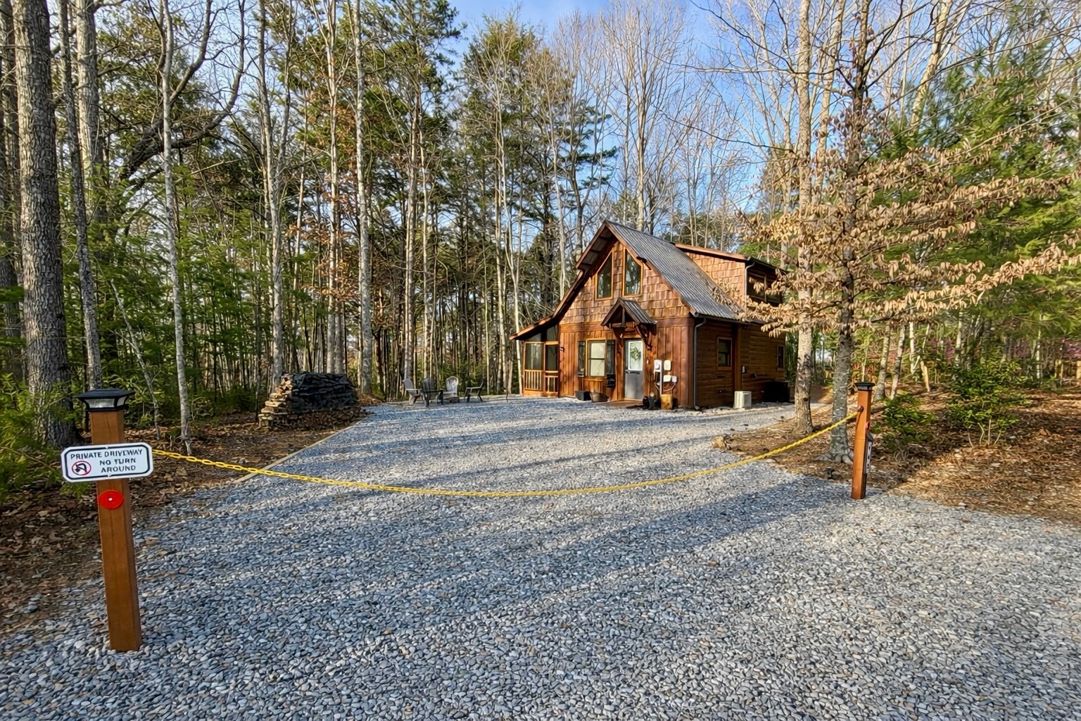Level graveled parking area at The Cozy Nook cabin in Murphy North Carolina